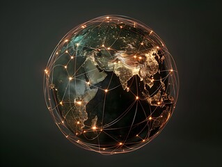 A globe where every continent, island, and landmass is intricately connected by shimmering copper lines - obrazy, fototapety, plakaty