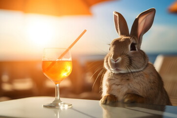 rabbit drinking a cocktail in summer sunny sea beach