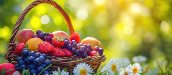 Organic fruits in a picnic basket during spring, promoting health. - Powered by Adobe