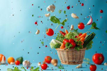 Fototapeta na wymiar Fresh vegetables falling into basket on blue background. Healthy food concept.