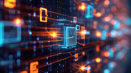 Abstract network grid with files and folders, futuristic software interface, digital document management system, store, search and organize documents, corporate business, paperless office