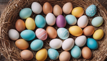 Easter colorful eggs pink, blue, green and white. Easter celebration concept.