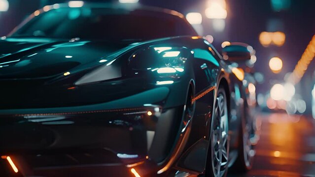 In a closeup shot the camera focuses on the intense gleam of the headlights as they illuminate the blurred scenery in the background a clear indication of the breakneck speed