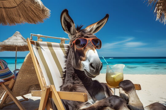 donkey lying on sun bed and drinking a cocktail in summer sunny sea beach