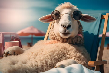 sheep lying on sun bed and drinking a cocktail in summer sunny sea beach - obrazy, fototapety, plakaty
