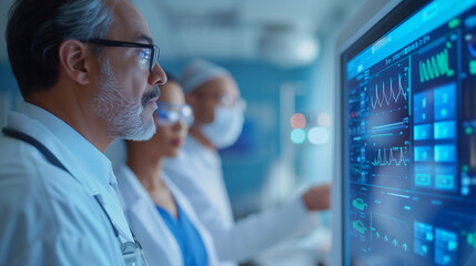 Team of doctors examining and discussing medical data on a digital screen in a modern hospital room.
