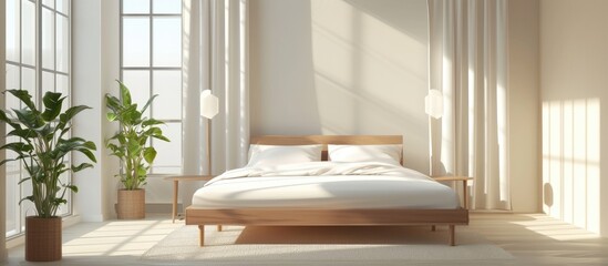 Minimalist loft apartment interior with a simple wooden bed, lamp, and big window, featuring a...