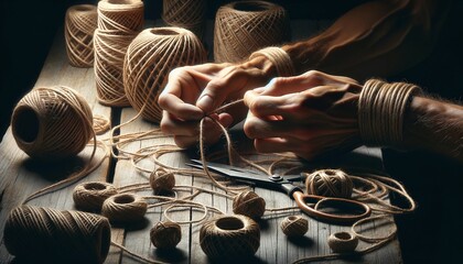 Zooming in on creating jute twine crafts - Focused on hands crafting decorative items and home decor from jute twine, emphasizing creativity and the use of natural materials.