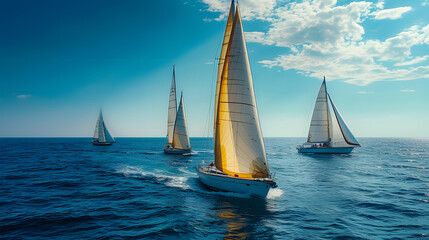 A photo of some sailboats, with azure waters as the background, during a regatta