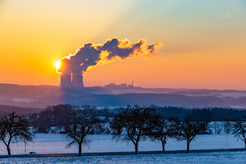 Nuclear power plant Temelin. Winter evening. Czech Republic.