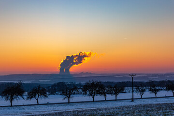 Nuclear power plant Temelin. Winter evening. Czech Republic.