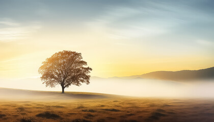 Lonely lush tree in foggy field in the morning ,spring concept