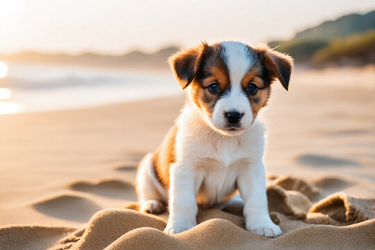 Cute puppy playing outdoors, sitting in sand on beach, looking at camera