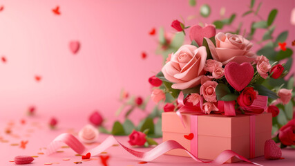 Fototapeta na wymiar Valentine's day background with roses and gift box on pink background