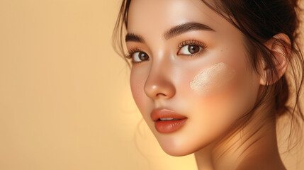 Fototapeta premium High-quality crop photo of skincare and cosmetics concept with copy space for text. Woman with beautiful face touching healthy facial skin with cream portrait. Beautiful happy Asian girl model with na