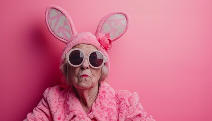 Elderly woman dressed as bunny wearing sunglasses adding fun and joy to the atmosphere, funny costumes and disguises picture
