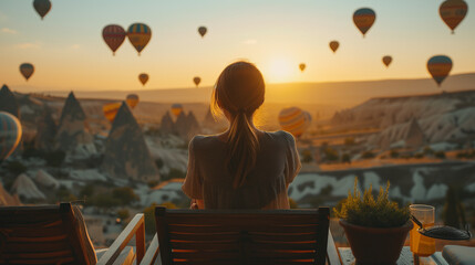 Girl traveler vacations on hotel terrace in beautiful destination in Goreme, Turkey. Fabulous Kapadokya with flying air balloons at sunrise, Anatolia