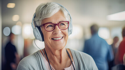 Older woman listening to music with headphones, while in residence. Generated with artificial intelligence - obrazy, fototapety, plakaty