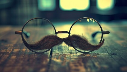 Glasses with mustache on wooden table, silly office pranks photo - Powered by Adobe