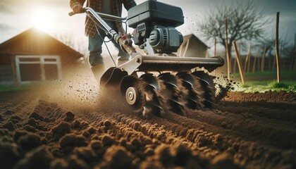 A gardener uses a rototiller to churn and aerate the earth, preparing the ground for planting, showcasing the transformation of compact soil into a fertile bed. Zooming in tilling the soil- Groundwork - obrazy, fototapety, plakaty