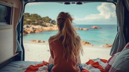 A young woman in her camper at the beach at vacation