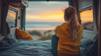 A young woman in her camper at the beach at sunset