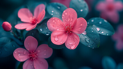 pink flowers in the garden with rain drops