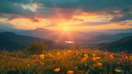 sunset in the mountains during spring