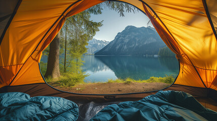 view from indoor of a tent at a lake and mountains in the forest, tent on the edge of a lake, view from inside of a tent Camping in a yellow tent open window view 
