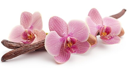 Exquisite vanilla pods and delicate orchid flower isolated on pristine white background