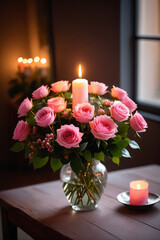 Obraz premium Romantic candlelight illuminates a pink flower bouquet on a table