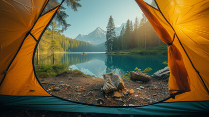 view from indoor of a tent at a lake and mountains in the forest