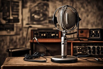 Microphone radio mic retro old broadcasting stand - obrazy, fototapety, plakaty