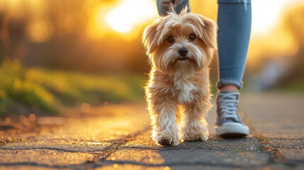Yorkshire Terrier on Evening Stroll.
Adorable Yorkshire Terrier walking on a leash at dusk, with warm sunlight. - obrazy, fototapety, plakaty