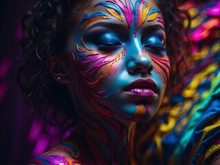 A portrait of a woman with eyes closed, their face painted with vibrant neon gradients that glow against their skin, generative AI