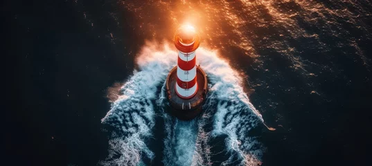 Fotobehang Lonely lighthouse on island, powerful ocean waves at dusk, aerial view in golden hour © Andrei