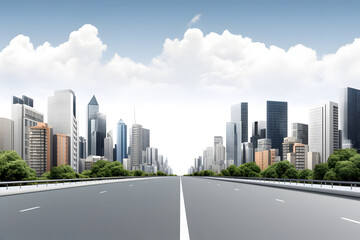 Side view of straight road with buildings skyline on the back. Road, streets and towers, 3d illustration abstract design isolated with clouds. flying 3d road highway banner or mockup. Generative AI.