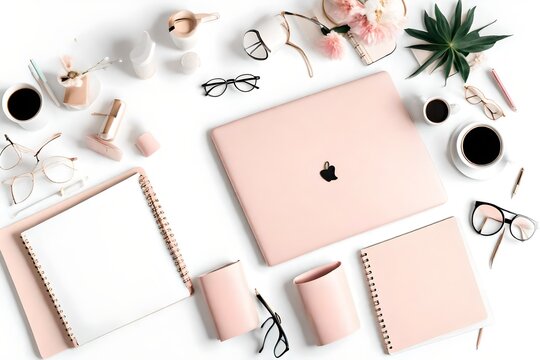 Stylish flatlay frame arrangement with pink laptop, coffee, milk holder, planner, glasses and other accessories. Feminine business mockup, copyspace, white background