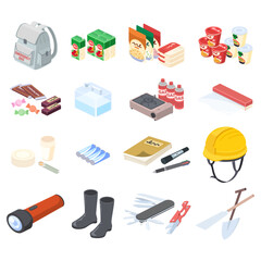 アイソメトリックで描いた防災グッズのイラストセット