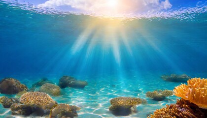 Fototapeta na wymiar beautiful blue ocean background with sunlight and undersea scene