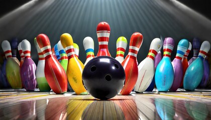 bowling ball hits all the skittles - obrazy, fototapety, plakaty