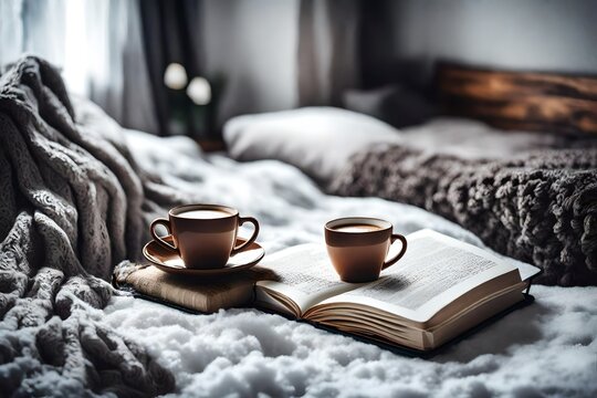 Winter morning coffee cup in bed with a book, cozy winter lifestyle interior design