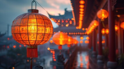 Illuminated traditional Chinese lanterns adorn an ancient street at dusk, creating a festive and...