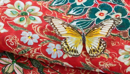 close up butterfly pattern on red batik