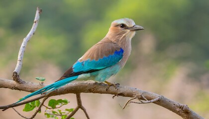 an indian roller perched in bandhavgarah national park india the bird was formerly locally called the blue jay it is a member of the roller family of birds