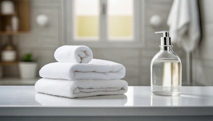 Fototapeta na wymiar white folded towels and glass bottle on white table with copy space on blurred bathroom background