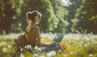 young lady with headphones sitting on grass using laptop