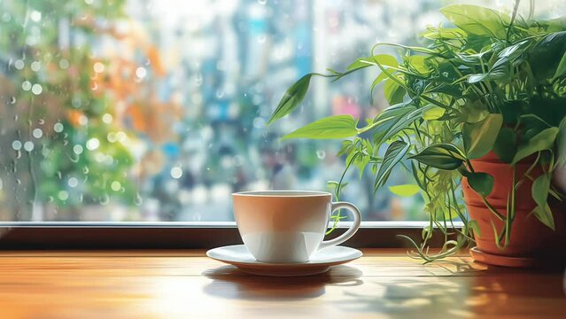 A warm cup of coffee at the window with the morning vibes. seamless looping 4k time-lapse animation video background