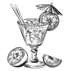 Hand drawn cocktail with ice cube, tube umbrella and slice of lemon. Vector engraved style illustration for posters, decoration and print isolated on white background. Detailed vintage woodcut style - obrazy, fototapety, plakaty