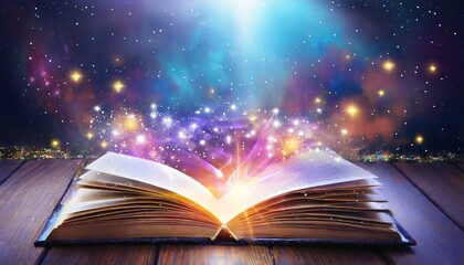 an open book with a magical fantasy night view with a book the magical power of reading and words...